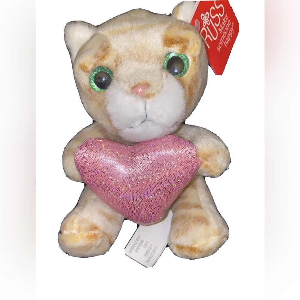 Russ Cat Heart Plush 6" Green Eyes Striped Beige Pink Stuffed Animal KellyToy